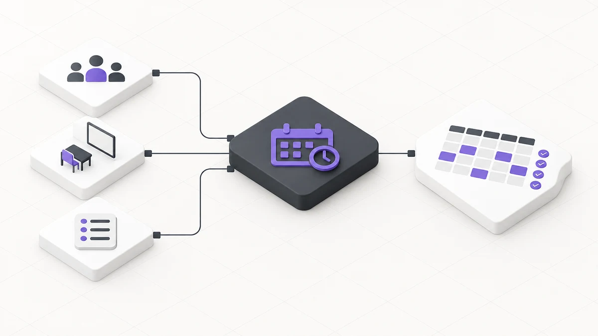 Teacher, classroom and class-requirement inputs connected to an intelligent scheduling engine and a conflict-free timetable