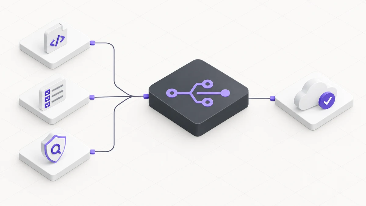 Source code, automated tests and security checks connected to a CI/CD pipeline and a verified cloud release
