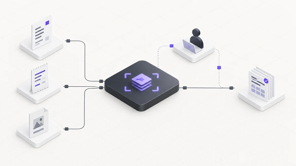 Invoices, receipts and scanned forms connected to confidence-based AI extraction, human review and verified structured records
