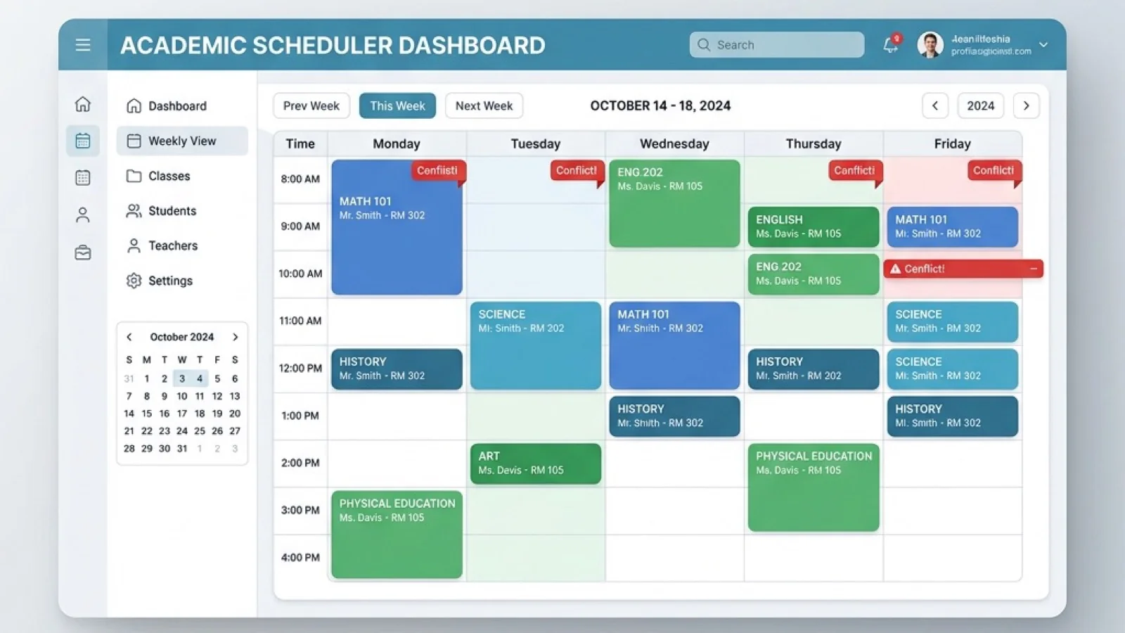 Weekly school timetable grid with colour-coded class blocks, a flagged scheduling conflict, and an AI substitute-assignment notification