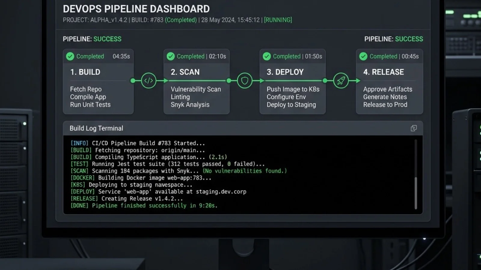 CI/CD pipeline view with Build, Scan, Deploy and Release stages, a build log terminal and Slack deploy notifications