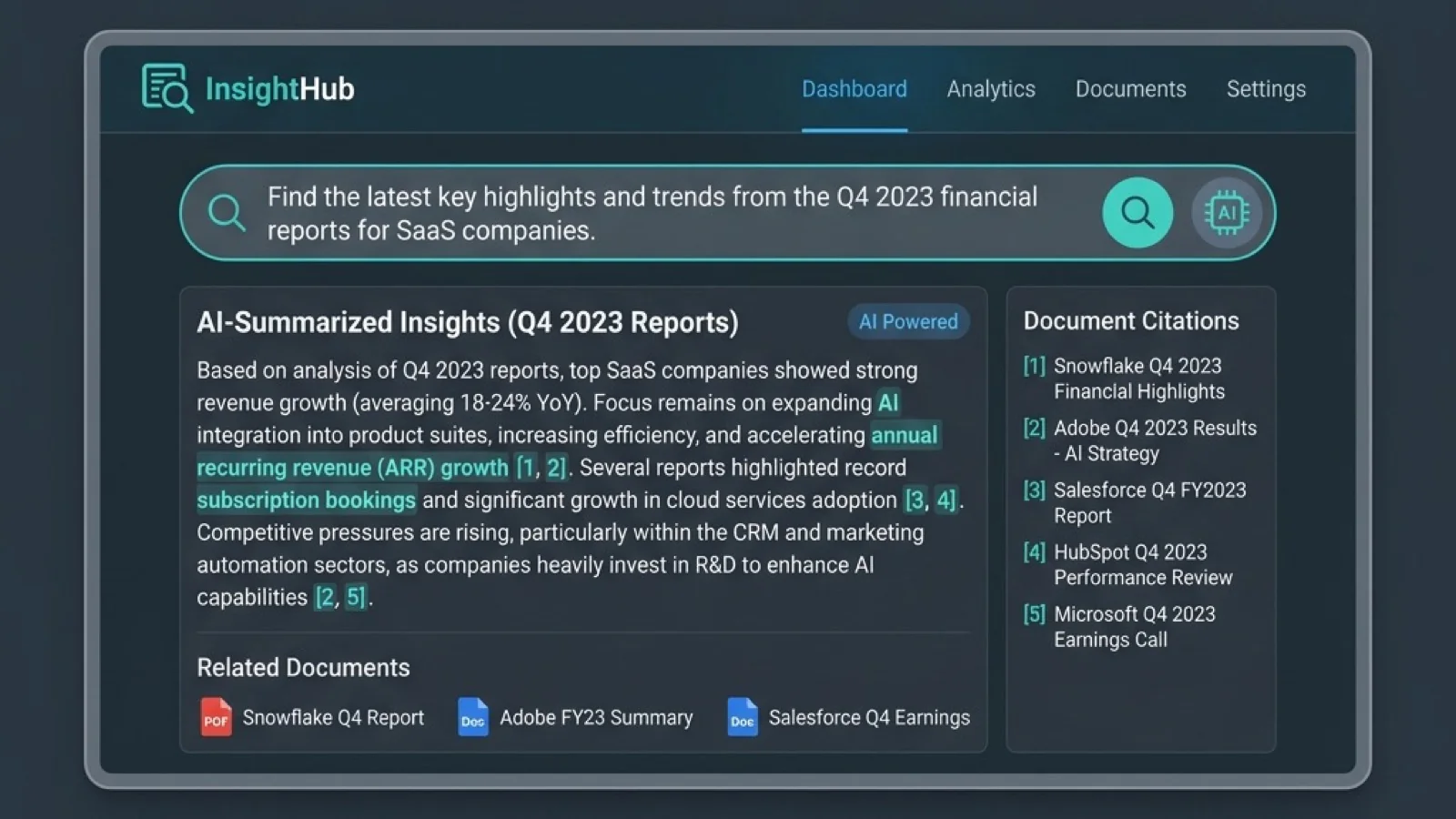 Semantic search interface with a natural-language query, a knowledge graph of connected document nodes, and a cited AI answer panel
