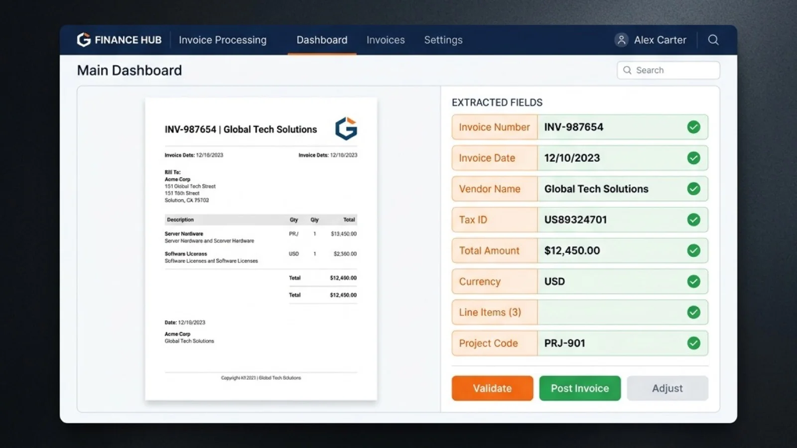 Document extraction view with an invoice on the left and a structured fields panel on the right showing validated values and confidence scores
